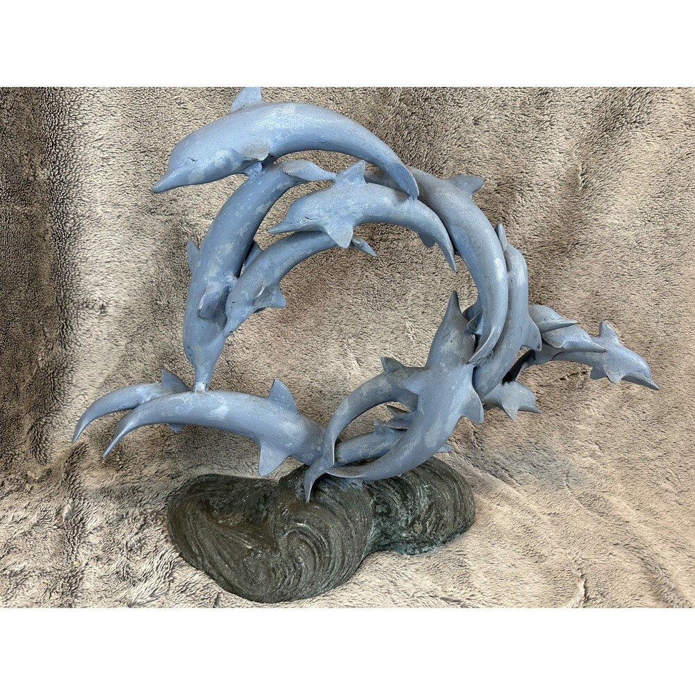 Large Bronze Dolphin Sculpture on Wave Base – Heavy 15.4 lb Art‎ Decor - Picture 7 of 14